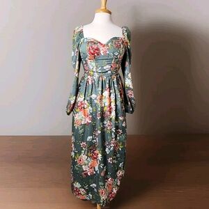 Floral Maxi Long Sleeve Sweetheart Neck Smocked Molded Cups Women's Medium Dress